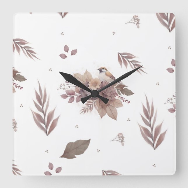 Neutral Autumn Bird Seamless Pattern  Square Wall Clock (Front)