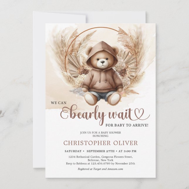 Neutral baby bear sweatshirt pampas grass arch invitation (Front)