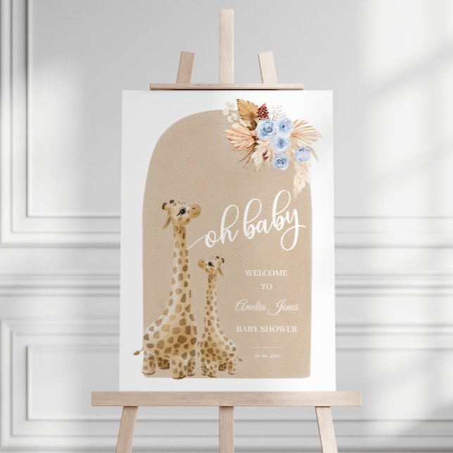 Neutral Baby Blue Pampas Grass Giraffe Baby Shower Foam Board (Creator Uploaded)