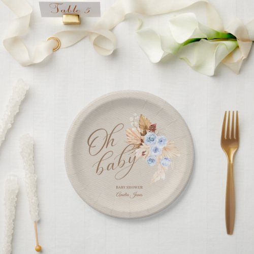 Neutral Baby Blue Pampas Grass Giraffe  Paper Plates