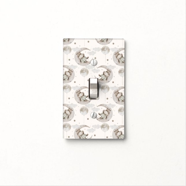 Neutral Baby Boho – Baby Hippo on Crescent Moon Light Switch Cover (In Situ)
