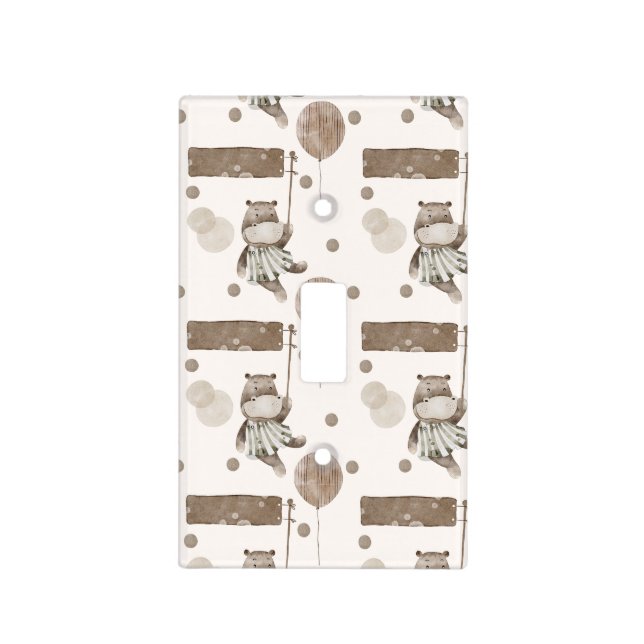 Neutral Baby Boho – Baby Hippo with Balloons Light Switch Cover (Front)