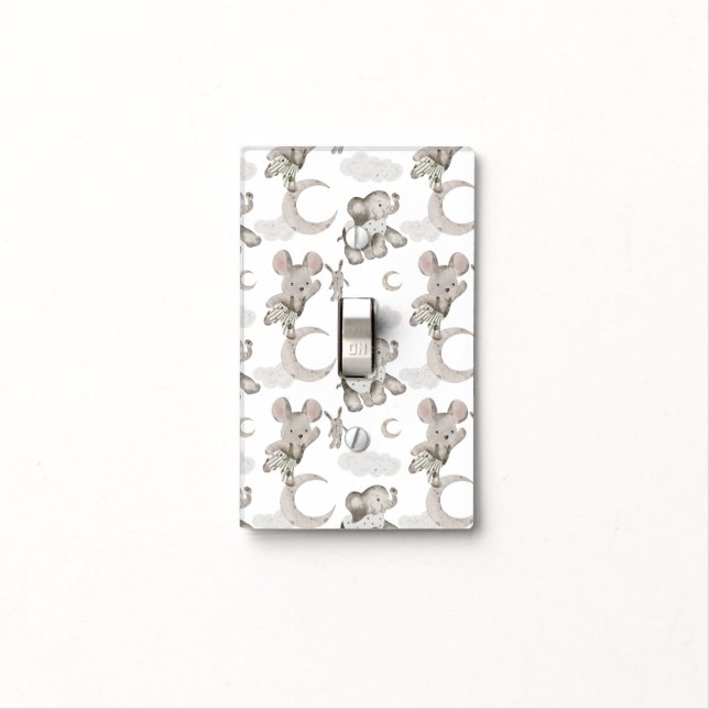 Neutral Baby Boho Elephant & Mice | Soft Pastel Light Switch Cover (In Situ)