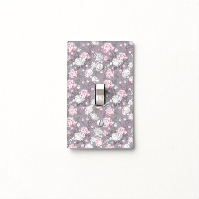 Neutral Baby Boho Flower – Soft Muted Grey & Pink Light Switch Cover (In Situ)