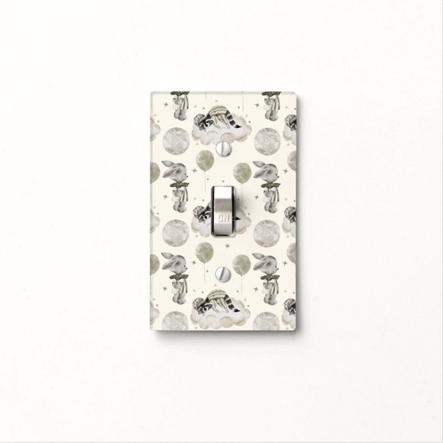Neutral Baby Boho – Raccoon on Cloud & Bunny Light Switch Cover (In Situ)