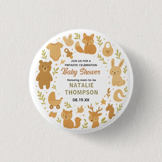 Neutral Baby Boy Shower | Cute Safari Animal Button (Front)