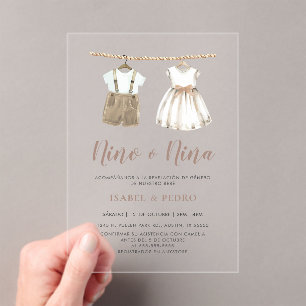 Neutral Baby Clothes Spanish Gender Reveal Acrylic Invitations