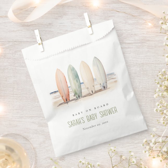 Neutral Baby On Board Surfboard Baby Shower Favor Bag (Clipped)