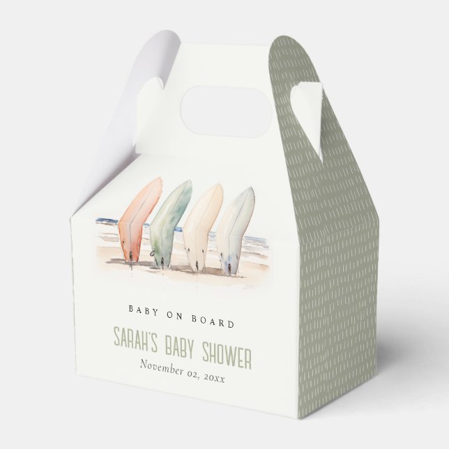 Neutral Baby On Board Surfboard Baby Shower Favor Boxes (Front Side)