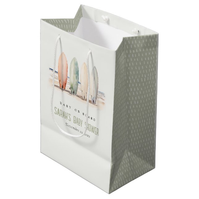 Neutral Baby On Board Surfboard Baby Shower Medium Gift Bag (Front Angled)