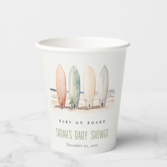 Neutral Baby On Board Surfboard Baby Shower Paper Cups (Front)