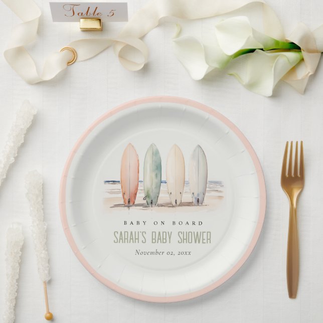 Neutral Baby On Board Surfboard Baby Shower Paper Plates (Wedding)