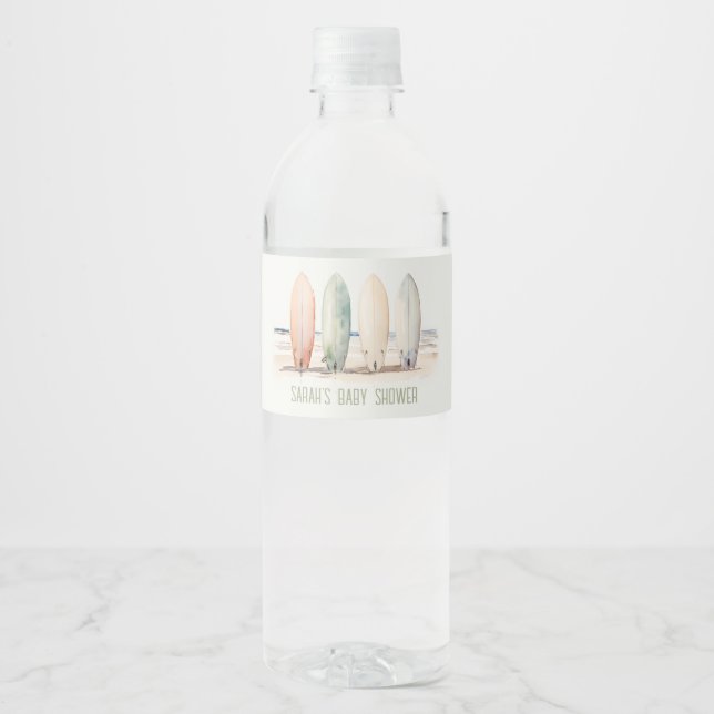 Neutral Baby On Board Surfboard Baby Shower Water Bottle Label (Front)