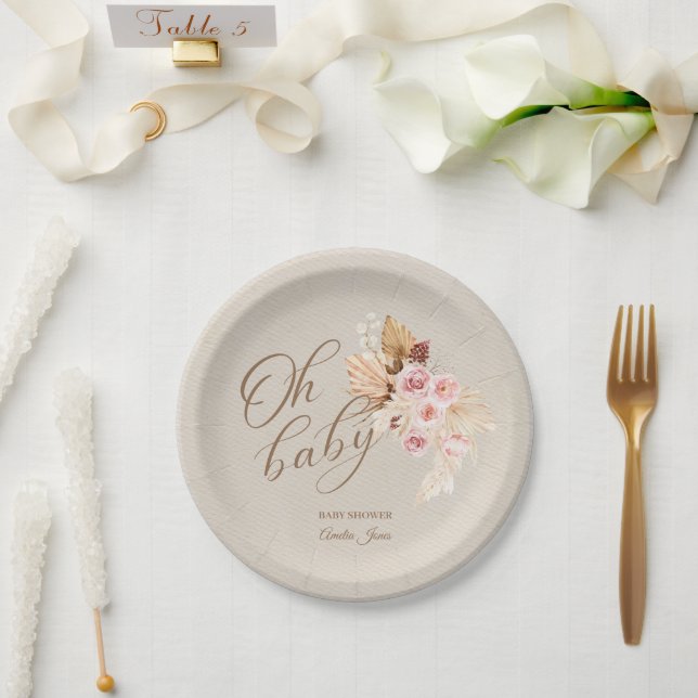 Neutral Baby Pink Pampas Grass Giraffe  Paper Plates (Wedding)