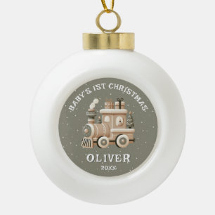 Neutral Baby’s 1st Christmas Train Keepsake Photo Ceramic Ball Christmas Ornament