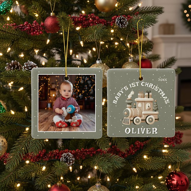Neutral Baby’s 1st Christmas Train Keepsake Photo Ceramic Ornament (Creator Uploaded)