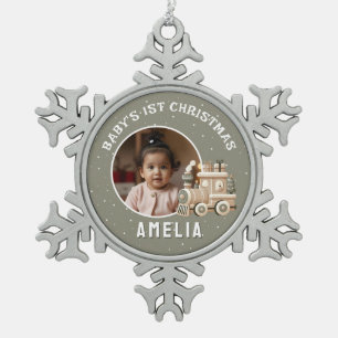 Neutral Baby’s 1st Christmas Train Keepsake Photo Snowflake Pewter Christmas Ornament