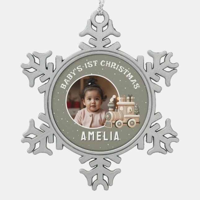 Neutral Baby’s 1st Christmas Train Keepsake Photo Snowflake Pewter Christmas Ornament (Front)
