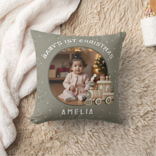 Neutral Baby’s 1st Christmas Train Keepsake Photo Throw Pillow