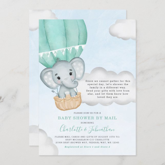 Neutral Baby Shower By Mail Elephant Mint Green Invitation (Front/Back)