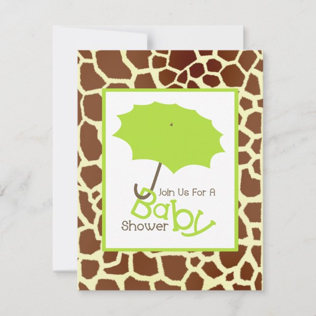 Neutral Baby Shower - Green Umbrella & Giraffe Invitation (Front)