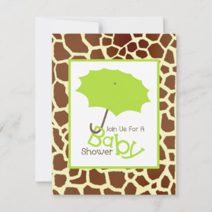Neutral Baby Shower - Green Umbrella & Giraffe Invitation