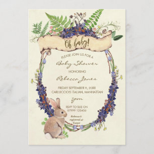 neutral baby shower invitation forest rabbit bunny