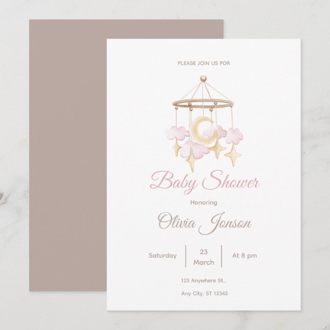 Neutral Baby Shower Invitation Moon and Stars (Front/Back)