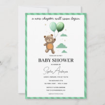 Neutral Baby Shower Invitation Teddy Bear Green Ba