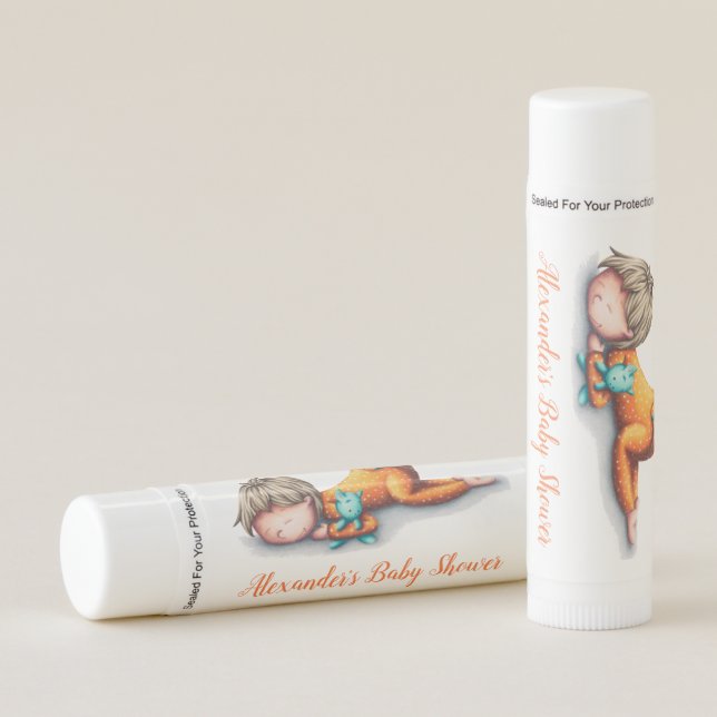 Neutral baby shower lip balm with baby asleep (Front)