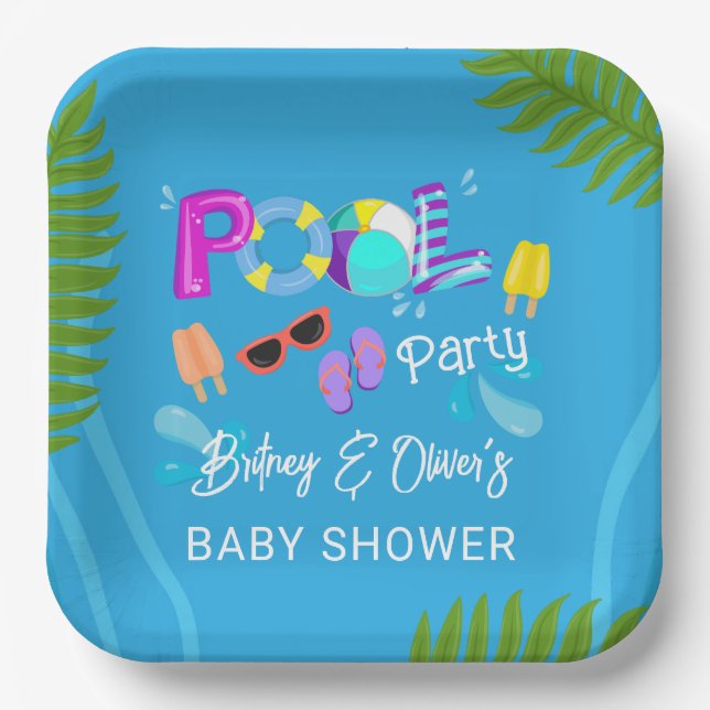Neutral Baby Shower Pool Party Summer Paper Plates (Front)