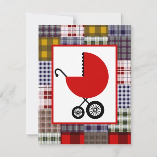 Neutral Baby Shower - Red Carriage &amp; Plaid Custom Announcements