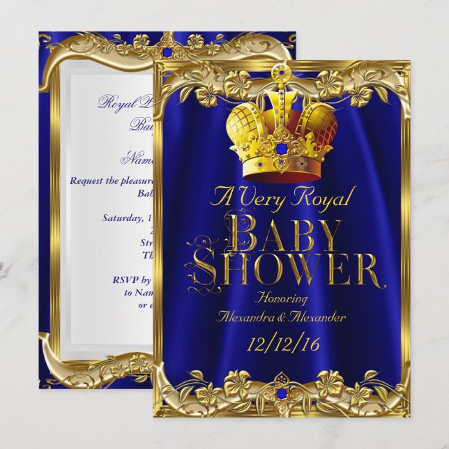 Neutral Baby Shower Royal Blue Gem Gold Crown Invitation (Front/Back)