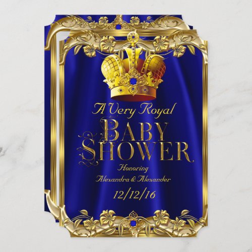 Neutral Baby Shower Royal Blue Gem Gold Crown Invitation