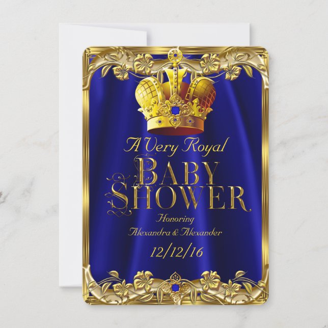 Neutral Baby Shower Royal Blue Gem Gold Crown Invitation (Front)