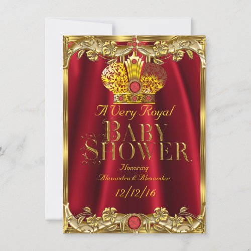 Neutral Baby Shower Royal Red Gem Gold Crown 2 Invitation