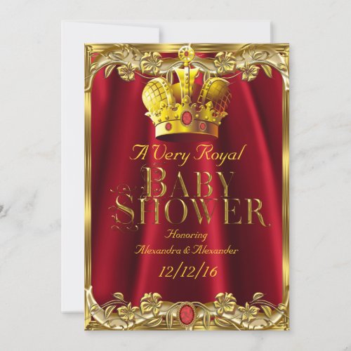 Neutral Baby Shower Royal Red Gem Gold Crown Invitation