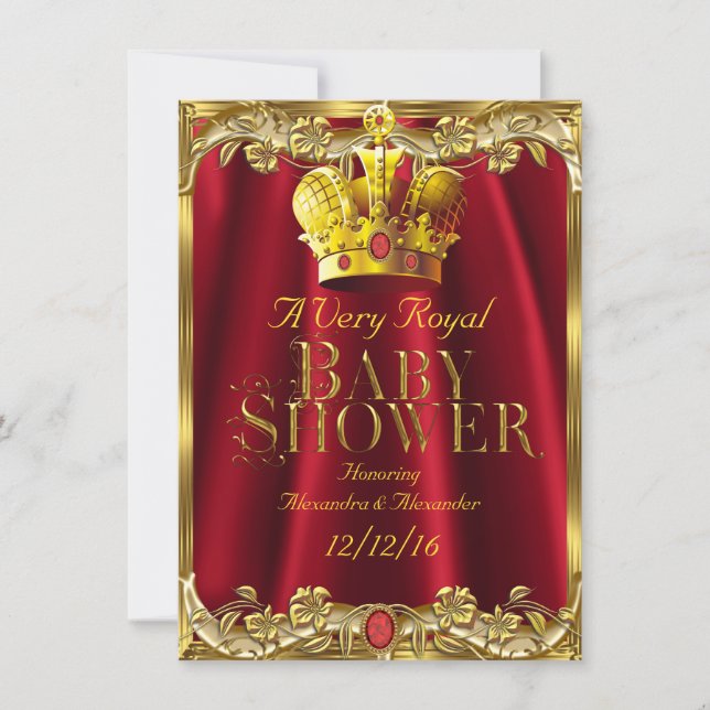 Neutral Baby Shower Royal Red Gem Gold Crown Invitation (Front)