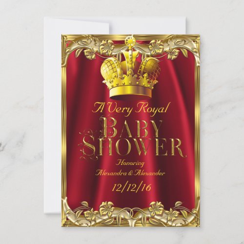 Neutral Baby Shower Royal Regal Red Gold Crown Invitation