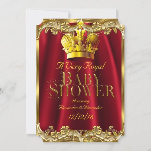 Neutral Baby Shower Royal Regal Red Gold Crown Invitation