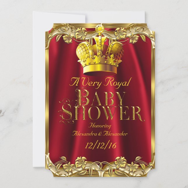 Neutral Baby Shower Royal Regal Red Gold Crown Invitation (Front)