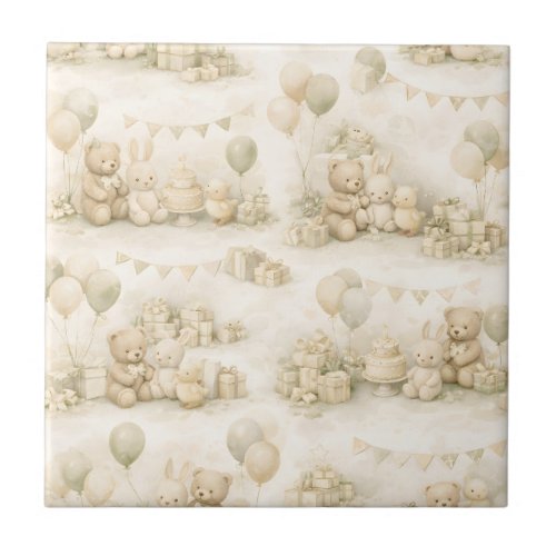 Neutral Baby Shower Teddy Bear Party Pattern Ceramic Tile
