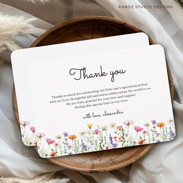 Neutral Baby Shower Wildflower Thank You Card (Thanks Card shown in 3.5 x 5 inches with rounded corners. Personalize, choose size and corner style.)