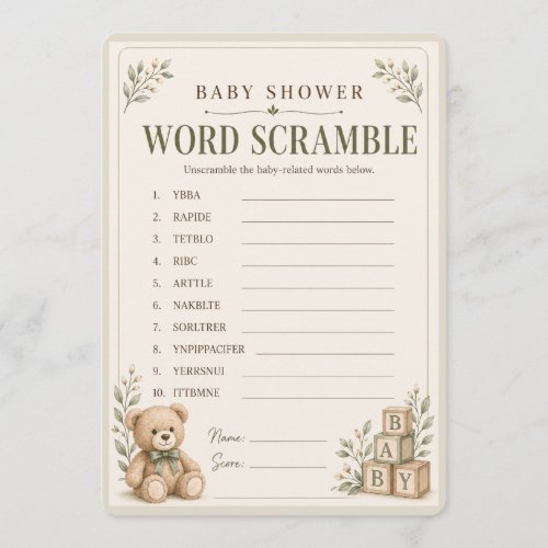 Neutral Baby Shower Word Scramble Game | Answer Invitation