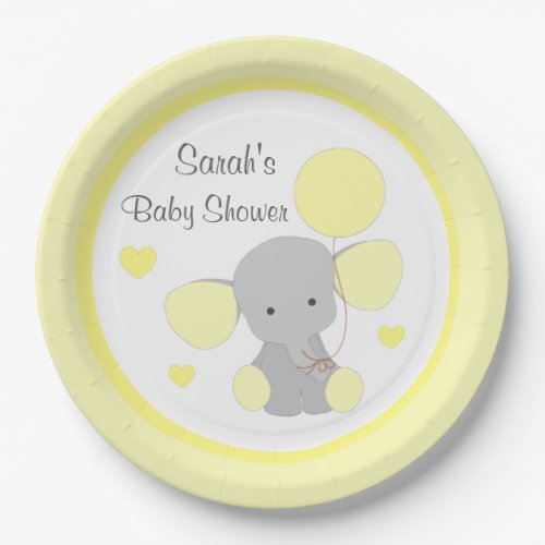 Neutral Baby Shower Yellow Gray Elephant Sprinkle Paper Plates