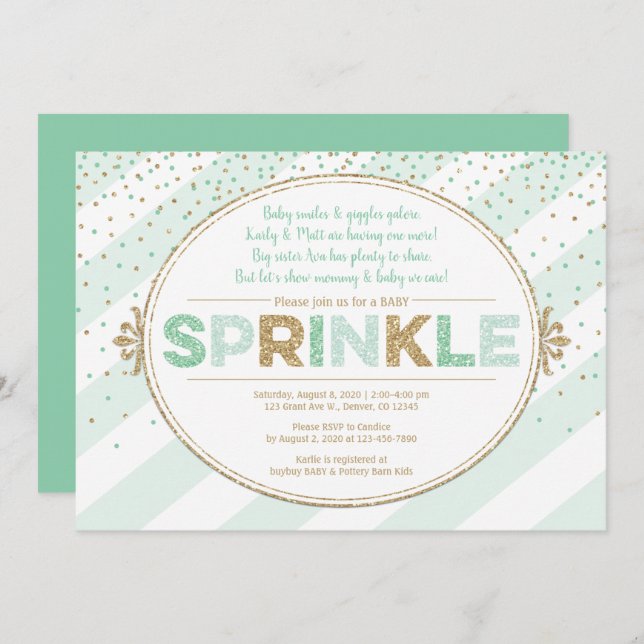 Neutral baby sprinkle invitation mint green gold (Front/Back)