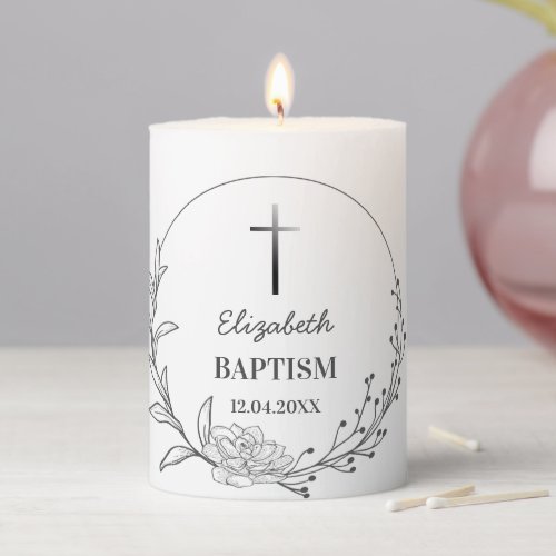 Neutral Baptism floral  greenery  Pillar Candle