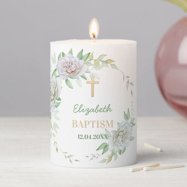 Neutral Baptism floral & greenery . Pillar Candle (In Situ)