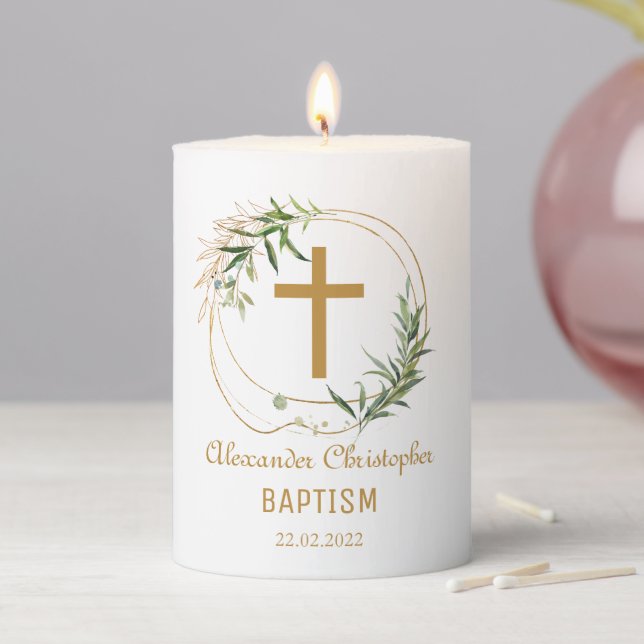 Neutral Baptism Gold & Greenery Pillar Candle (In Situ)
