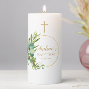 Neutral Baptism Green & Gold Floral Pillar Candle